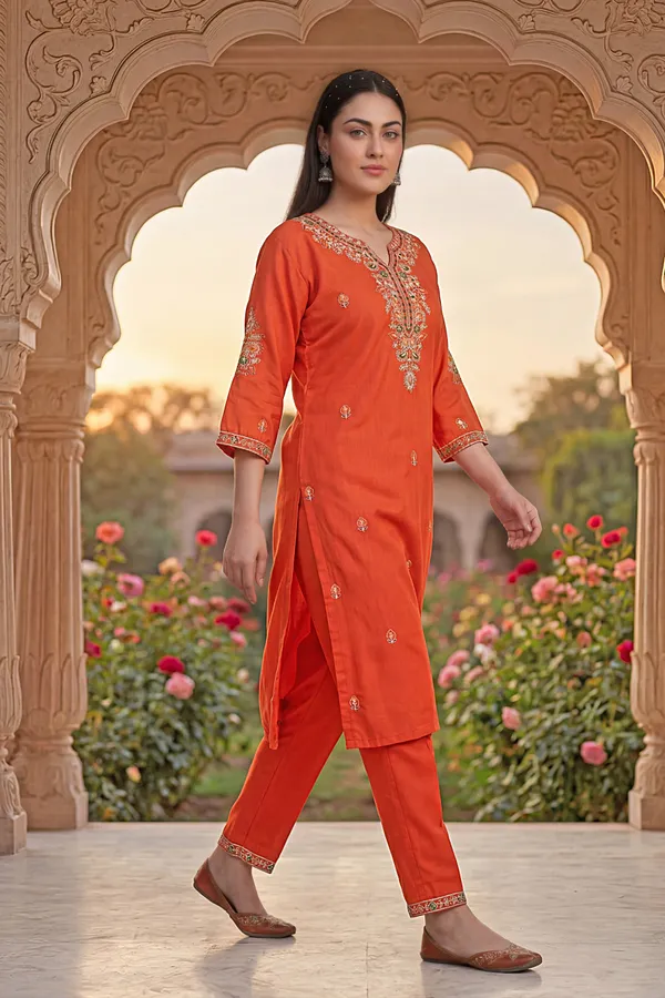 Orange_Rayon_Straight_Zari_Embroidered_Kurta_Pant_Set_For_Women