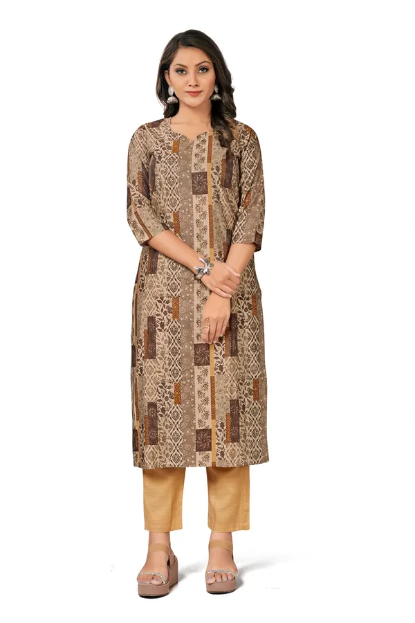 Beige_Cotton_Straight_Geometric_Patchwork_Print_Kurta_Pant_Set_For_Women