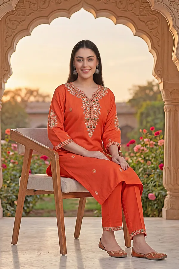 Orange_Rayon_Straight_Zari_Embroidered_Kurta_Pant_Set_For_Women