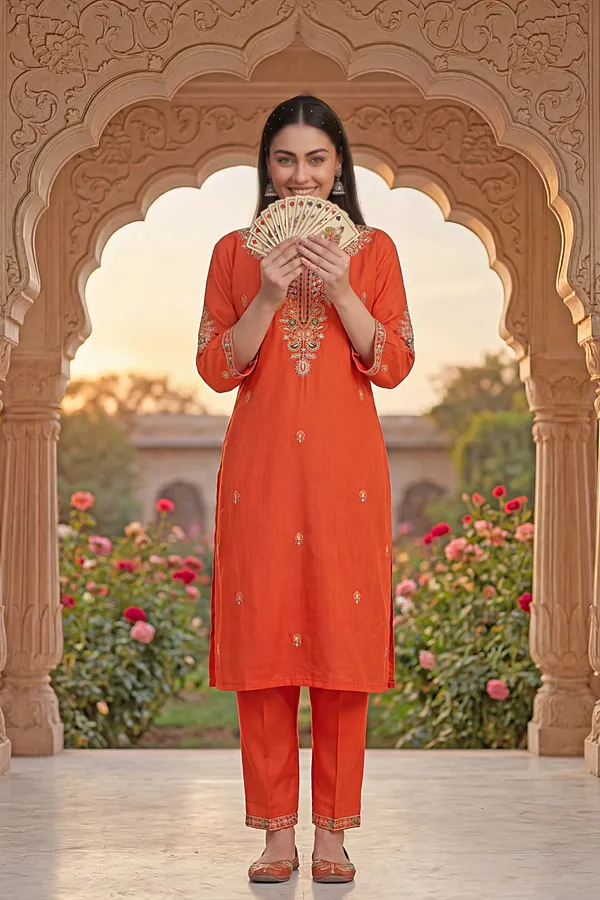 Orange_Rayon_Straight_Zari_Embroidered_Kurta_Pant_Set_For_Women