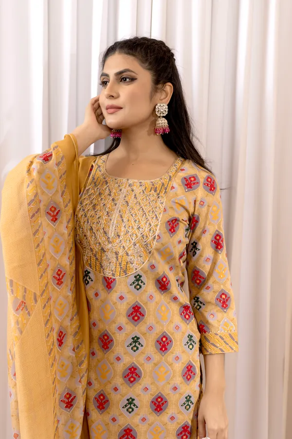 Mustard_Yellow_Cotton_Printed_Embroidered_Yoke_Kurta_Set_For_Women