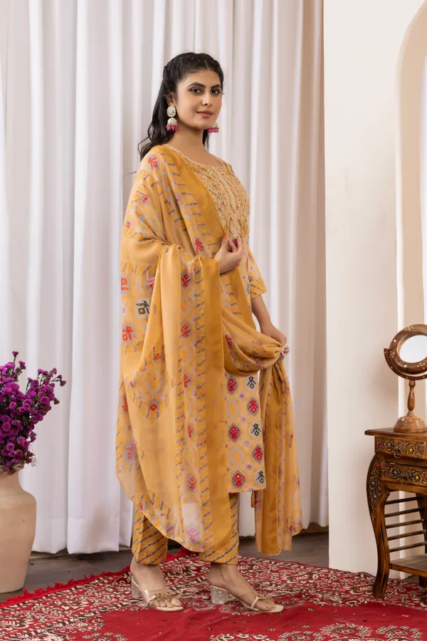 Mustard_Yellow_Cotton_Printed_Embroidered_Yoke_Kurta_Set_For_Women
