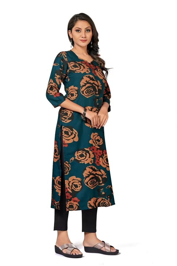 Teal_Cotton_Straight_Floral_Printed_Kurta_Black_Pant_Set_For_Women