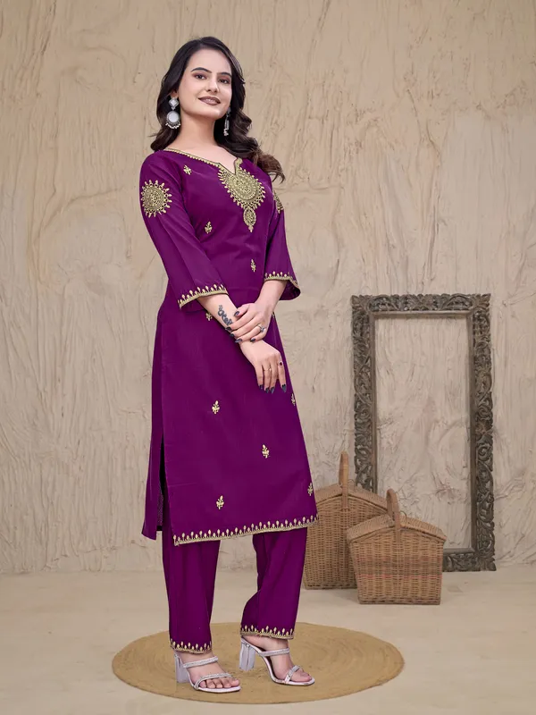 Purple_Rayon_Straight_Golden_Thread_Work_Embroidered_Kurta_Set_For_Women