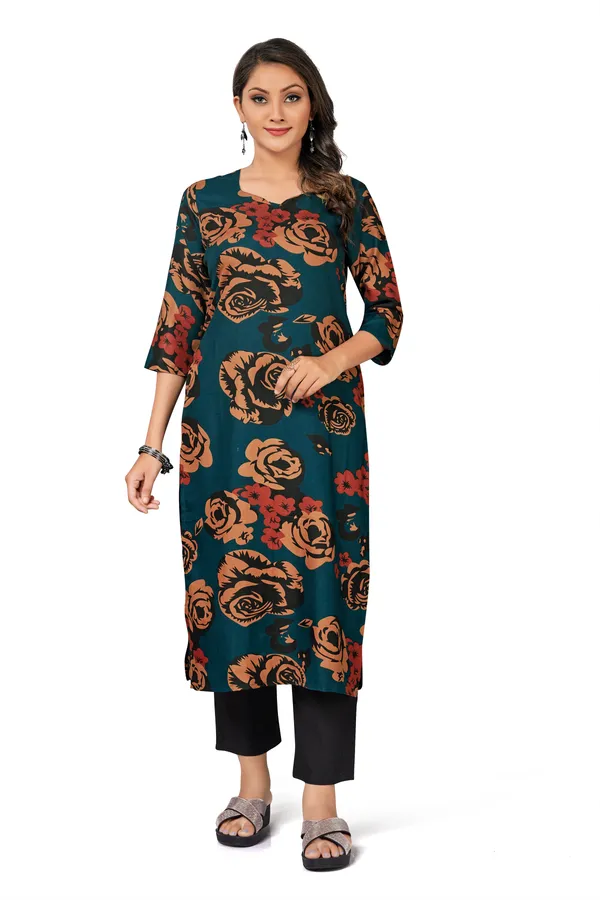 Teal_Cotton_Straight_Floral_Printed_Kurta_Black_Pant_Set_For_Women