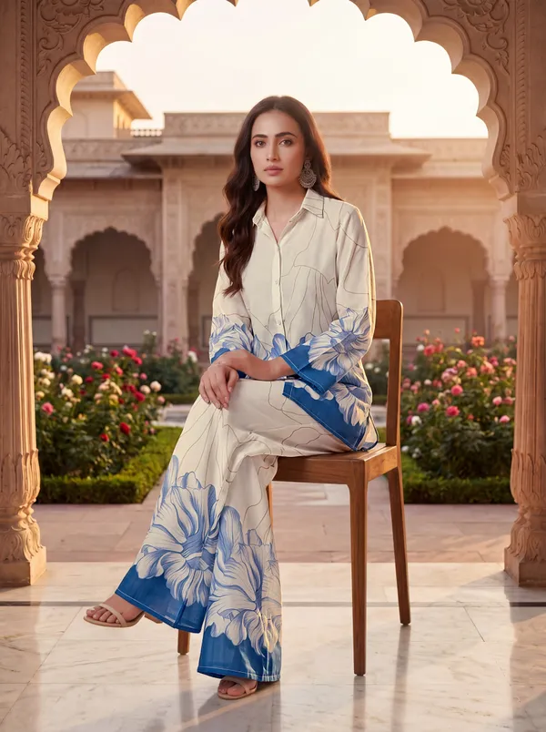 White_Blue_Cotton_Floral_Print_Shirt_Palazzo_Co-Ord_Set_For_Women