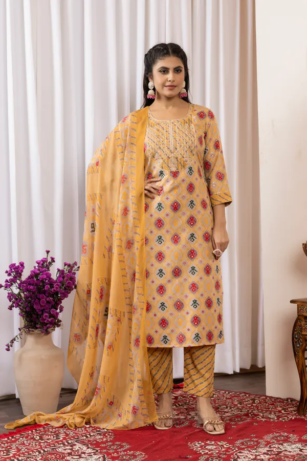 Mustard_Yellow_Cotton_Printed_Embroidered_Yoke_Kurta_Set_For_Women