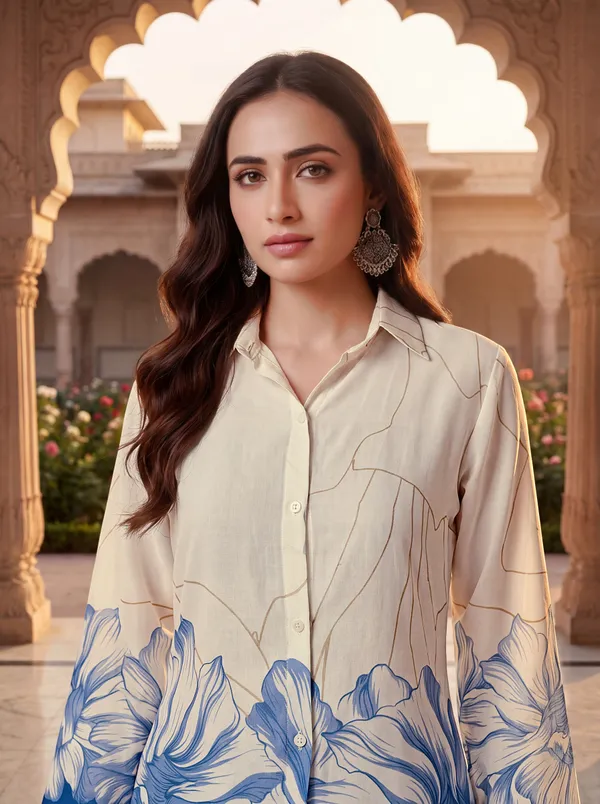 White_Blue_Cotton_Floral_Print_Shirt_Palazzo_Co-Ord_Set_For_Women