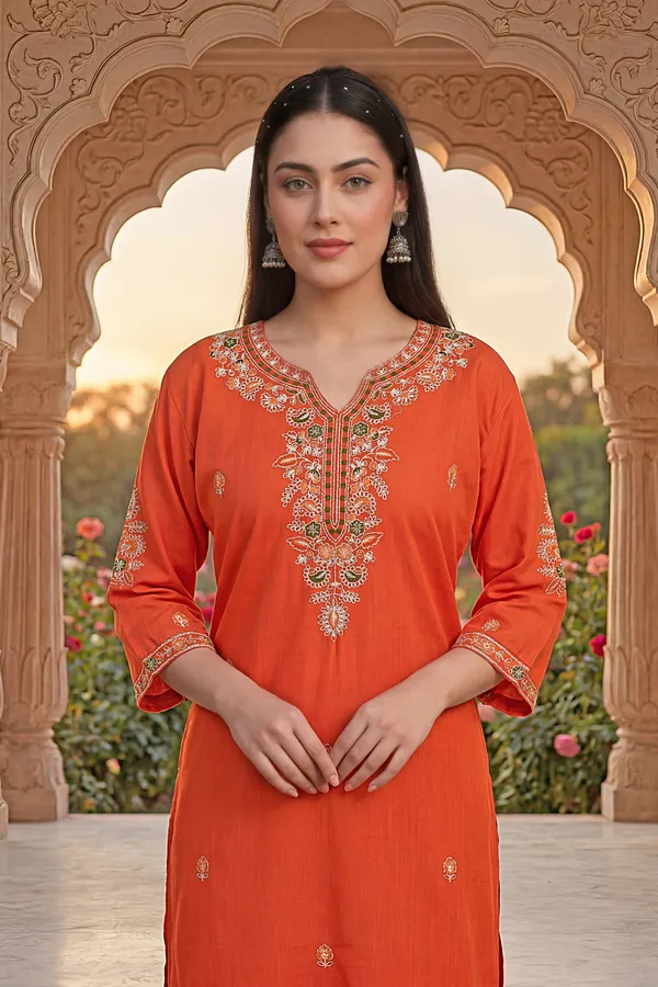 Orange_Rayon_Straight_Zari_Embroidered_Kurta_Pant_Set_For_Women