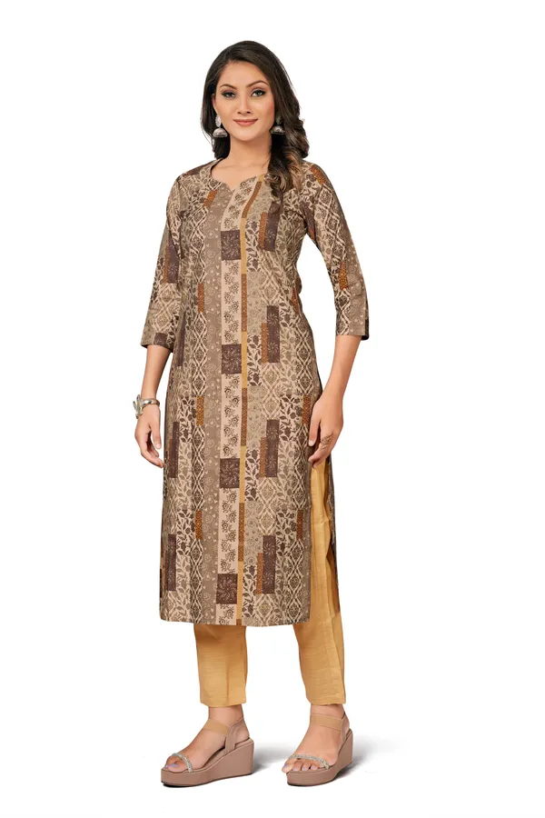 Beige_Cotton_Straight_Geometric_Patchwork_Print_Kurta_Pant_Set_For_Women