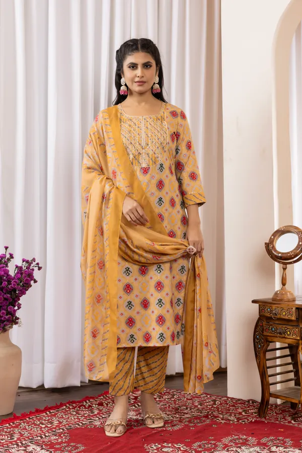 Mustard_Yellow_Cotton_Printed_Embroidered_Yoke_Kurta_Set_For_Women