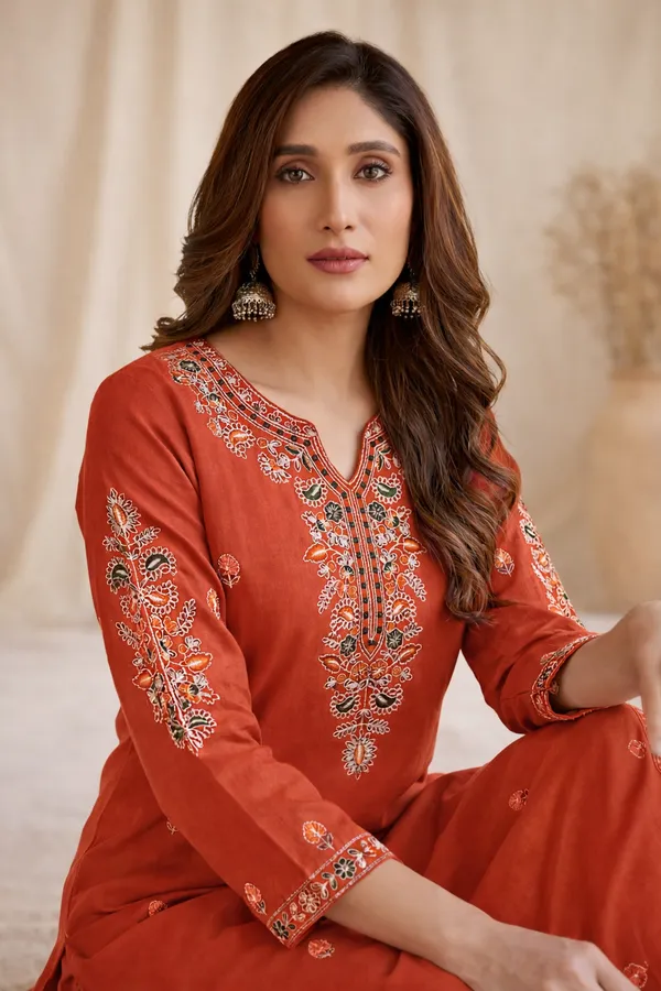 Orange_Rayon_Straight_Floral_Embroidered_Kurta_Set_For_Women