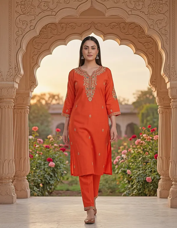 Orange_Rayon_Straight_Zari_Embroidered_Kurta_Pant_Set_For_Women