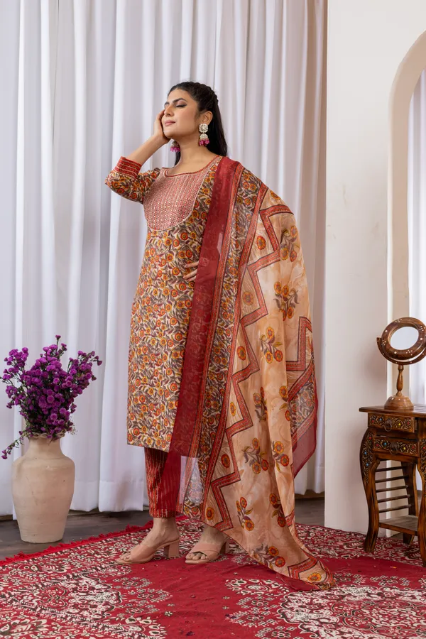 Orange_Cotton_Printed_Embroidered_Yoke_Kurta_Set_With_Dupatta_For_Women