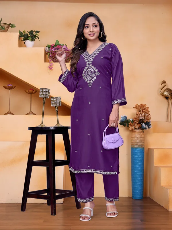 Purple_Rayon_Straight_White_Embroidered_Kurta_Pant_Set_For_Women
