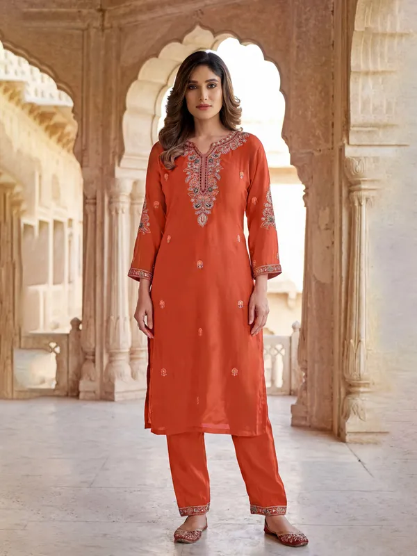 Orange_Rayon_Straight_Floral_Embroidered_Kurta_Set_For_Women