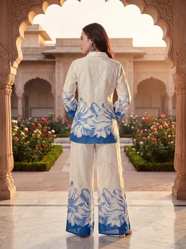 White_Blue_Cotton_Floral_Print_Shirt_Palazzo_Co-Ord_Set_For_Women