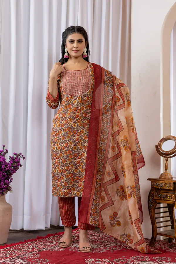 Orange_Cotton_Printed_Embroidered_Yoke_Kurta_Set_With_Dupatta_For_Women