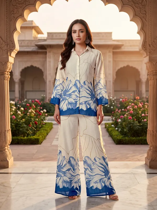 White_Blue_Cotton_Floral_Print_Shirt_Palazzo_Co-Ord_Set_For_Women