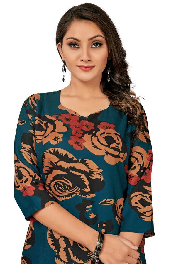 Teal_Cotton_Straight_Floral_Printed_Kurta_Black_Pant_Set_For_Women