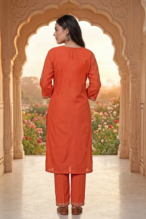 Orange_Rayon_Straight_Zari_Embroidered_Kurta_Pant_Set_For_Women
