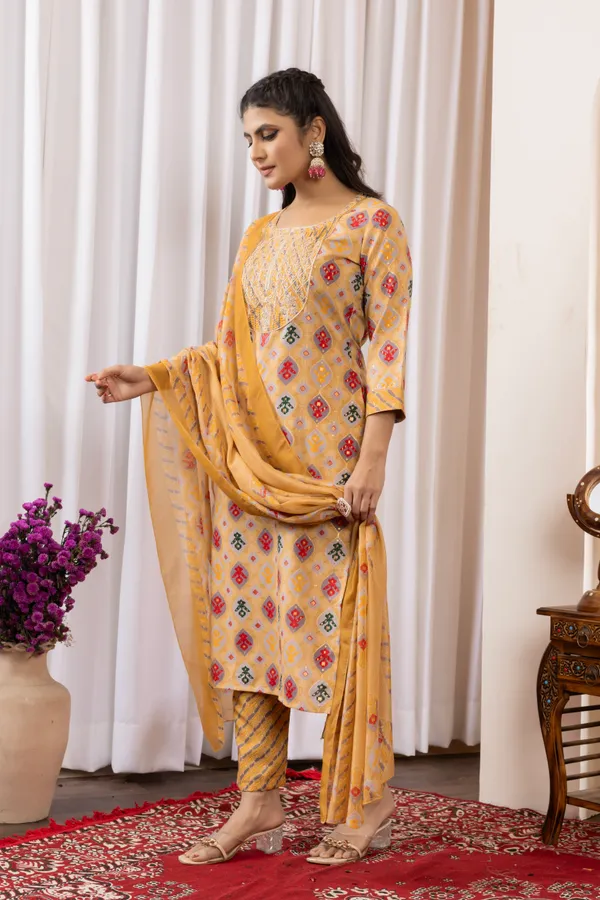 Mustard_Yellow_Cotton_Printed_Embroidered_Yoke_Kurta_Set_For_Women