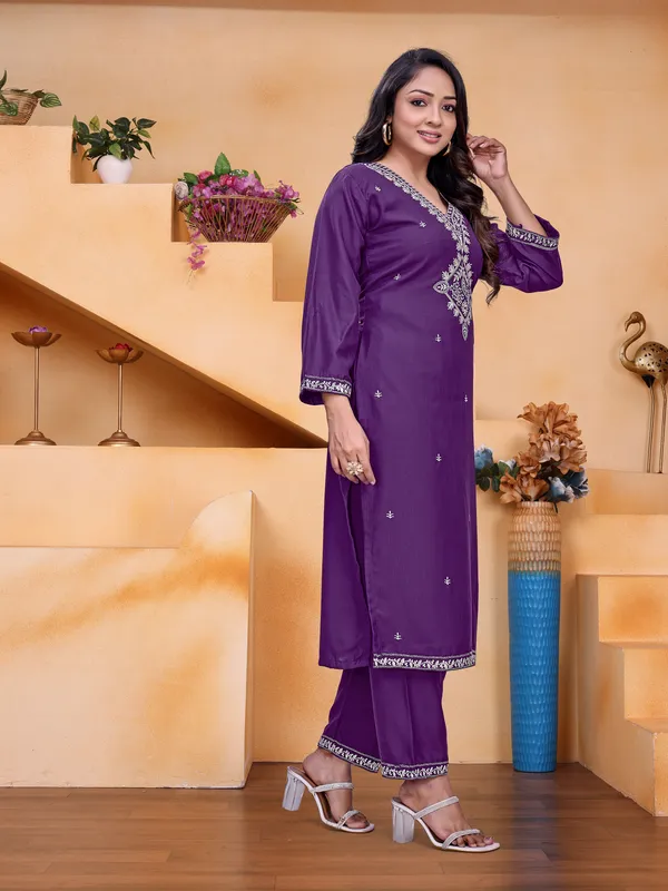 Purple_Rayon_Straight_White_Embroidered_Kurta_Pant_Set_For_Women