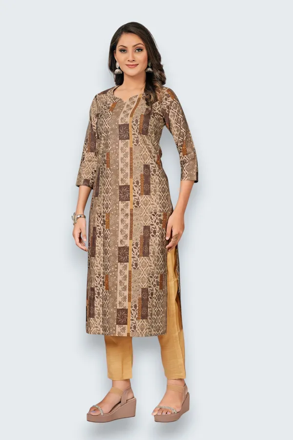 Beige_Cotton_Straight_Geometric_Patchwork_Print_Kurta_Pant_Set_For_Women