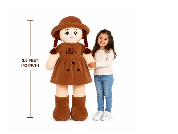 3.5ft)(Brown)_Giant_Plush_Rag_Doll,_Pink,_Soft_Stuffed_Toy_with_Braids_and_Hat,_Large_Size,_Gift_for_Girls