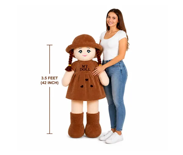 3.5ft)(Brown)_Giant_Plush_Rag_Doll,_Pink,_Soft_Stuffed_Toy_with_Braids_and_Hat,_Large_Size,_Gift_for_Girls