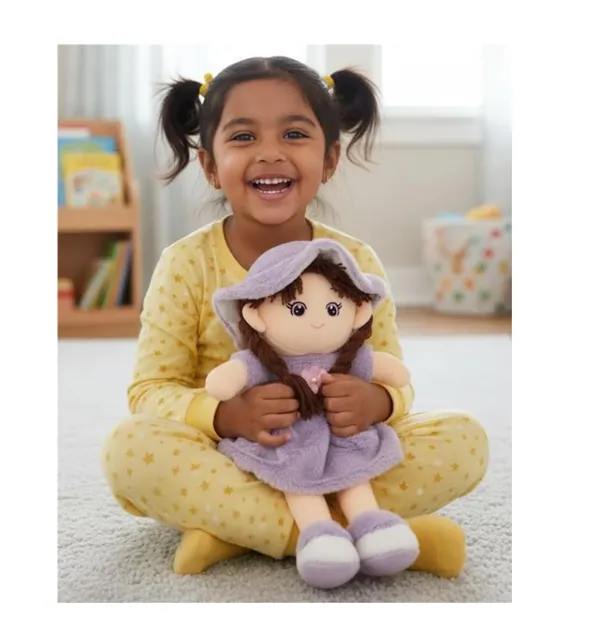 45_cm_(Purple)_Soft_Plush_Doll_with_2_Shade_Purple_Dress_&_Hat_|_Cute_Doll_Kids_and_Girls