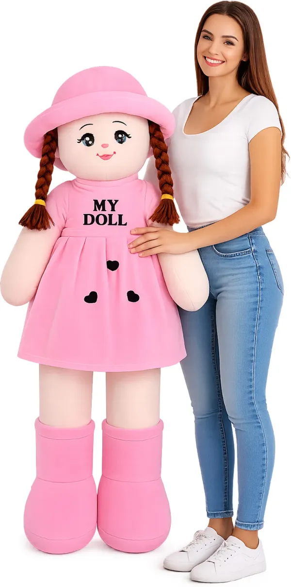 Set_2_piece_Giant_Plush_Rag_Doll,_Pink,_Soft_Stuffed_Toy_with_Braids_and_Hat,_Large_Size,_Gift_for_Girls(3.5ft)(Pink)