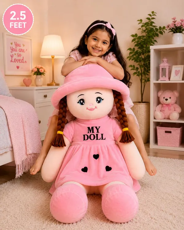Soft_Toy_Doll_Plushy_with_Pink_Dress_and_Hat,_Soft_Stuffed_Doll_with_Braided_Hair,_Cute_Rag_Doll_for_Kids_and_Toddlers,_Plushy_(85cm