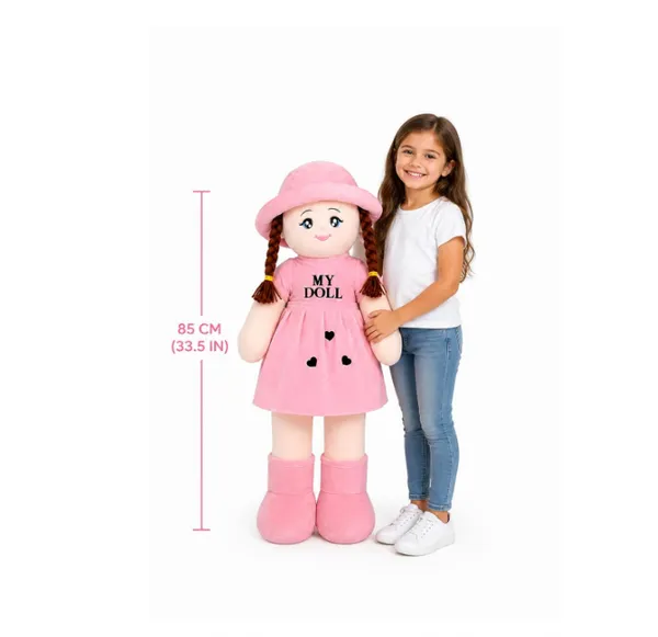 85cm_Pink)_Plush_Rag_Doll,_Pink,_Soft_Stuffed_Toy_with_Braids_and_Hat,_Large_Size,_
