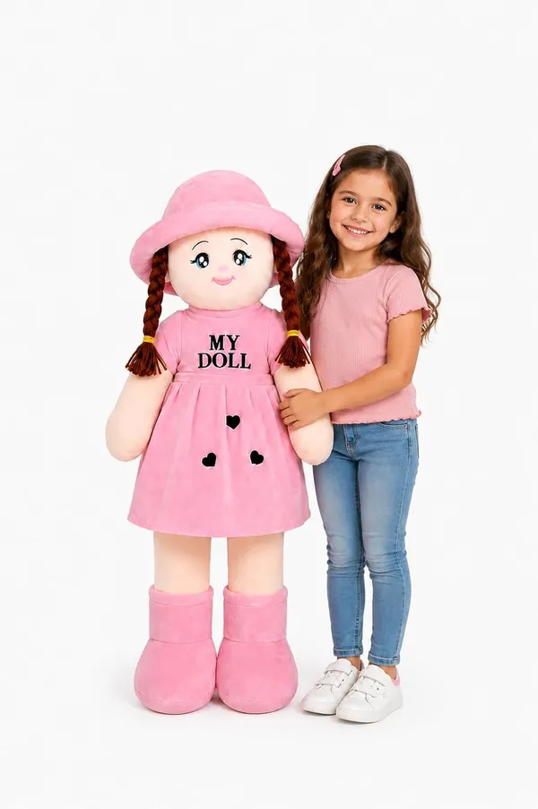 85cm_Pink)_Plush_Rag_Doll,_Pink,_Soft_Stuffed_Toy_with_Braids_and_Hat,_Large_Size,_