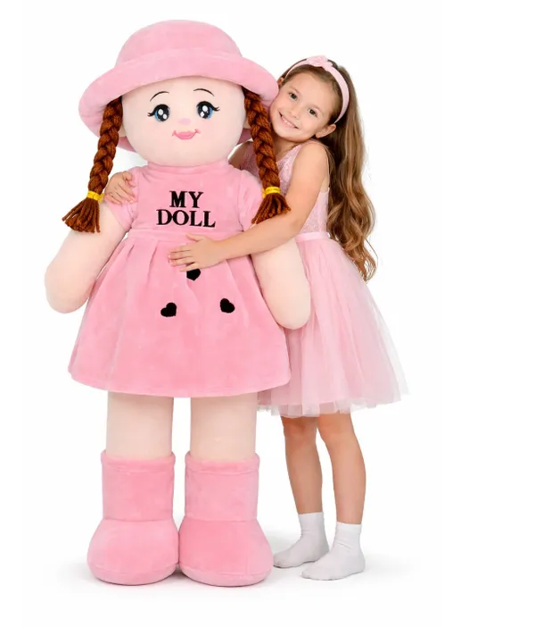 85cm_Pink)_Plush_Rag_Doll,_Pink,_Soft_Stuffed_Toy_with_Braids_and_Hat,_Large_Size,_