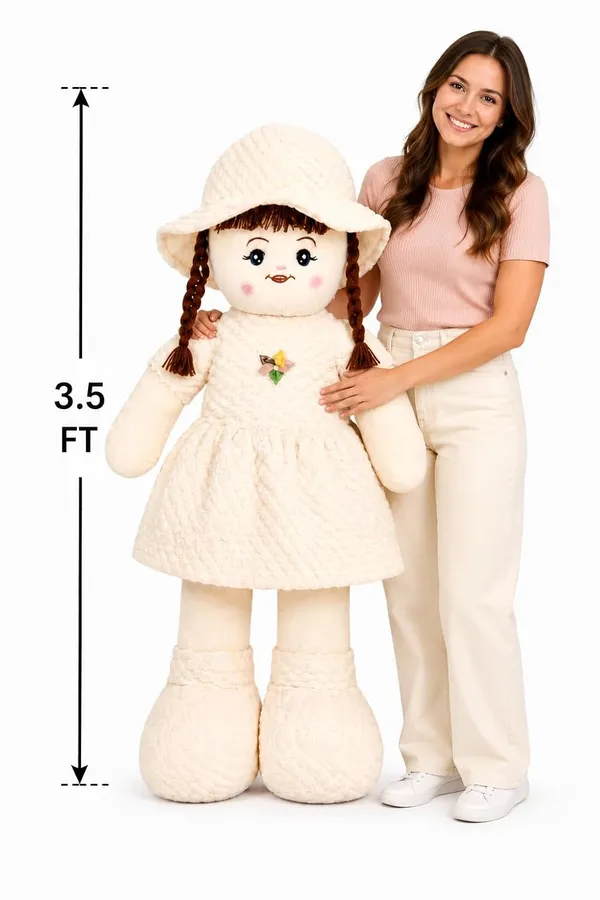 Barkha_Giant_Plush_Rag_Doll,_Soft_Stuffed_Toy_with_Braids_and_Hat,_Large_Size,_Gift_for_Girls_(3.5ft)_(Cream_Colour)