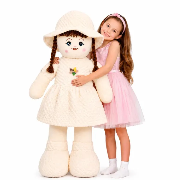 Barkha_Giant_Plush_Rag_Doll,_Soft_Stuffed_Toy_with_Braids_and_Hat,_Large_Size,_Gift_for_Girls_(3.5ft)_(Cream_Colour)