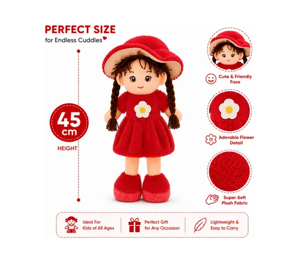 BlingNBeats_45_cm_(Red)_Soft_Plush_Doll_with_2_Shade_RED_Dress_&_Hat_|_Cute_Doll_Kids_and_Girls__