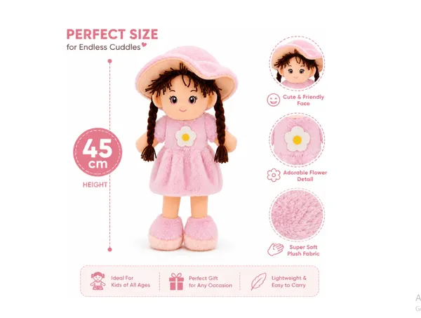 BlingNBeats__-_45_cm_(Pink)_Soft_Plush_Doll_with_2_Shade_Pink_Dress_&_Hat_|_Cute_Doll_Kids_and_Girls_
