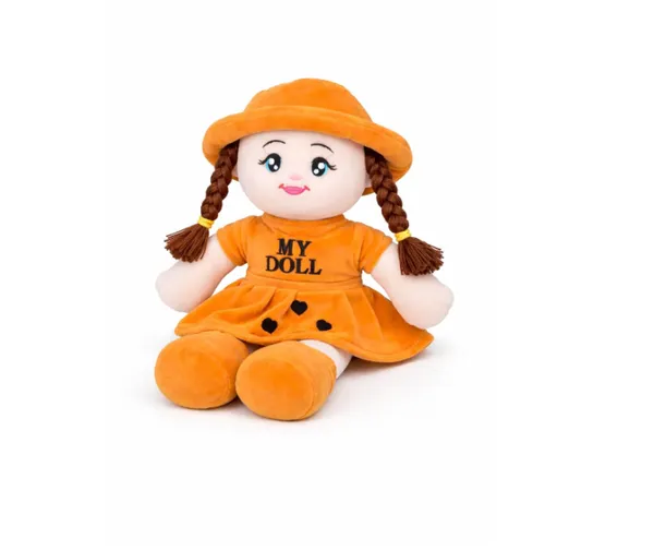 Soft_Toy_Doll_Plushy_with_Dress_and_Hat,_(45_cm)_(Brown)_Soft_Stuffed_Doll__Hair,_Cute_Rag_Doll_for_Kids_and_Toddlers,_Plushy_