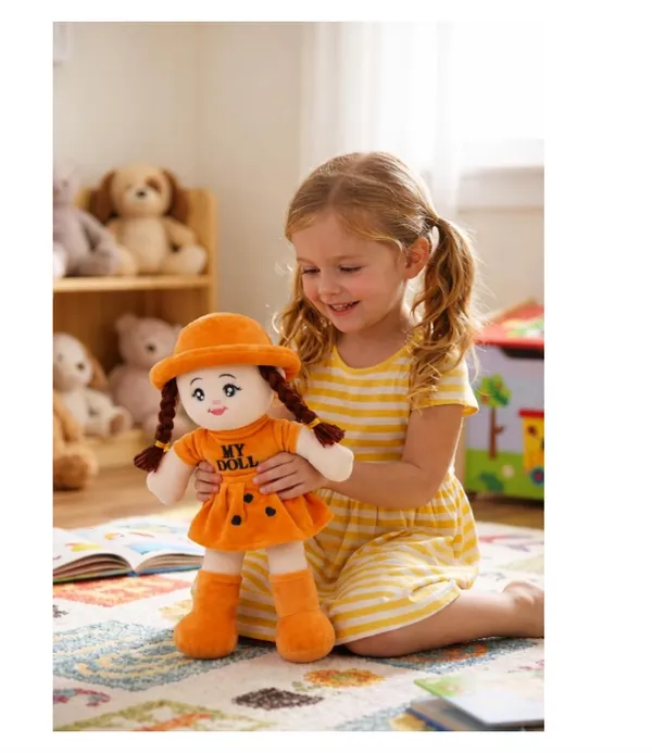 Soft_Toy_Doll_Plushy_with_Dress_and_Hat,_(45_cm)_(Brown)_Soft_Stuffed_Doll__Hair,_Cute_Rag_Doll_for_Kids_and_Toddlers,_Plushy_