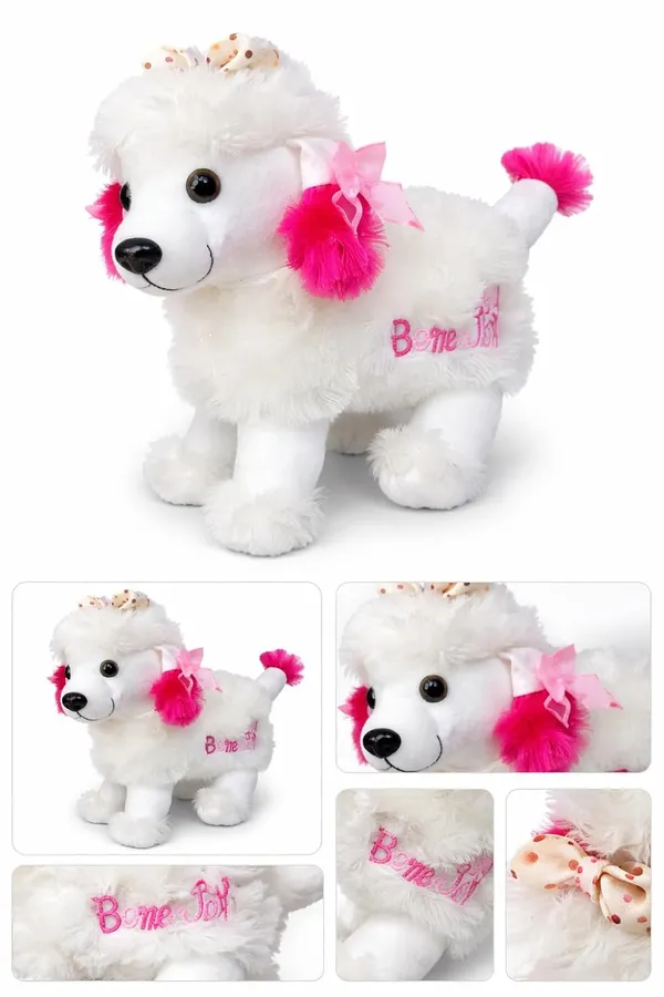 White_Poodle_Soft_Toy,_Plush_Dog_with_Pink_Accents_and_Bow,_Cute_Stuffed_Animal,_28_cm