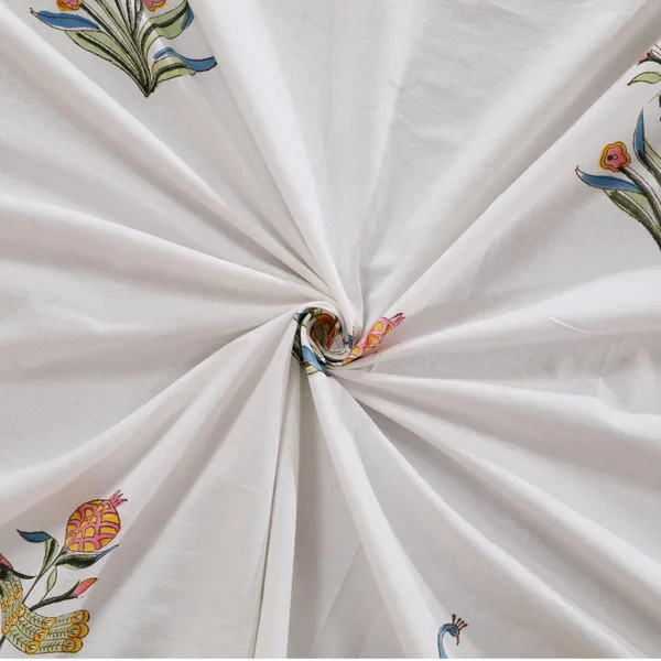 220_TC_|_335_GSM_|_Multicolor_Cotton_Hand_Block_Printed_Floral_Peacock_Bedsheet_With_Pillow_Cover