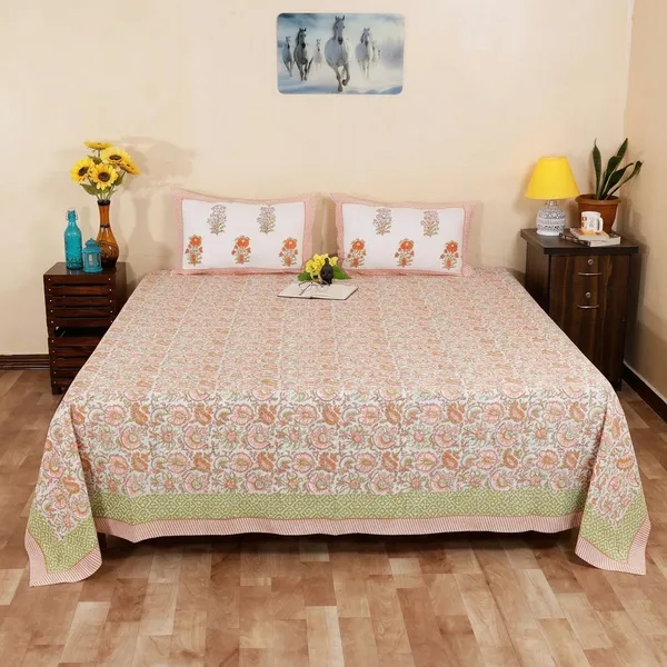 220_TC_|_335_GSM_|_Peach_And_Green_Cotton_Block_Print_Floral_Bedsheet_With_Pillow_Cover