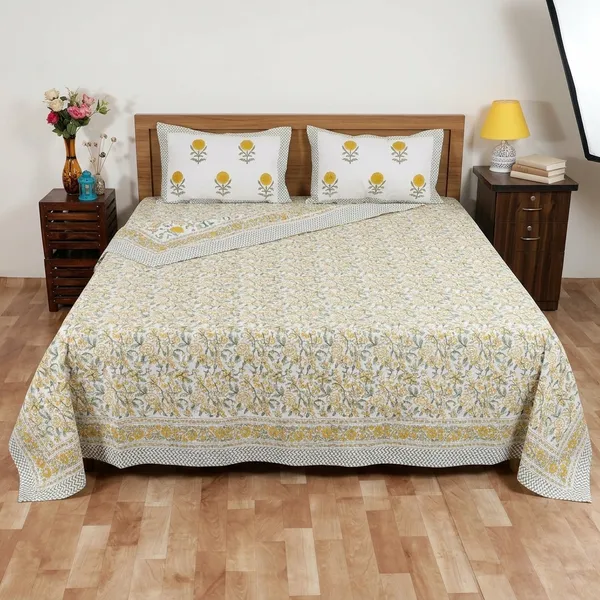 220_TC_|_335_GSM_|_Yellow_And_White_Cotton_Floral_Bedsheet_With_Pillow_Cover