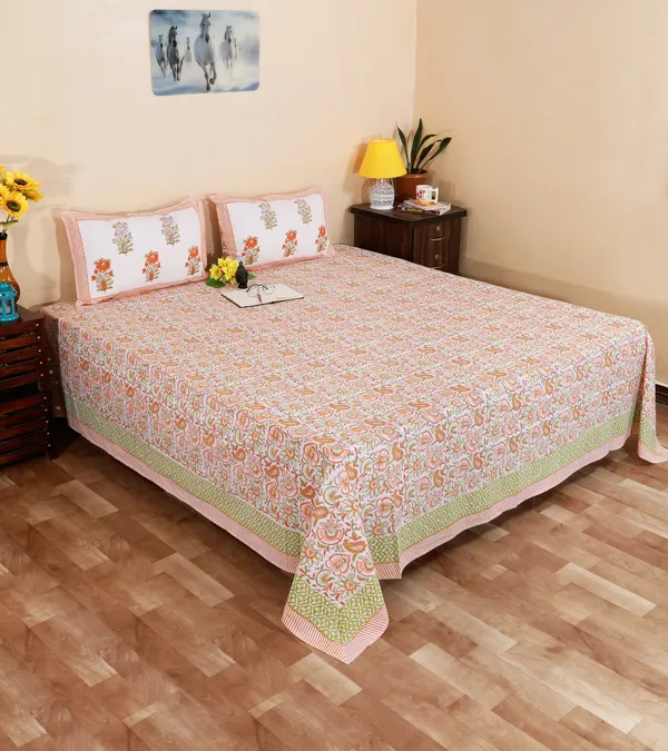 220_TC_|_335_GSM_|_Peach_And_Green_Cotton_Block_Print_Floral_Bedsheet_With_Pillow_Cover