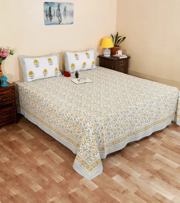 220_TC_|_335_GSM_|_Yellow_And_Grey_Cotton_Floral_Print_Geometric_Border_Bedsheet_With_Pillow_Cover