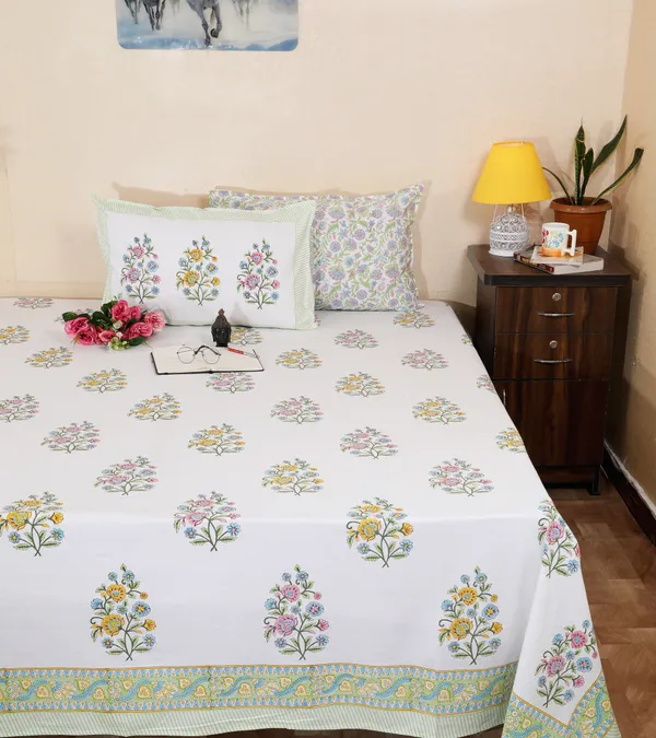 220_TC_|_335_GSM_|_Multicolor_Cotton_Hand_Block_Print_Floral_Bedsheet_With_Pillow_Cover