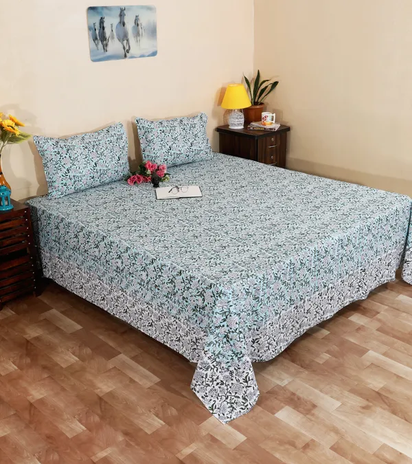 220_TC_|_335_GSM_|_Multicolor_Cotton_Hand_Block_Print_Floral_Bedsheet_With_Pillow_Cover